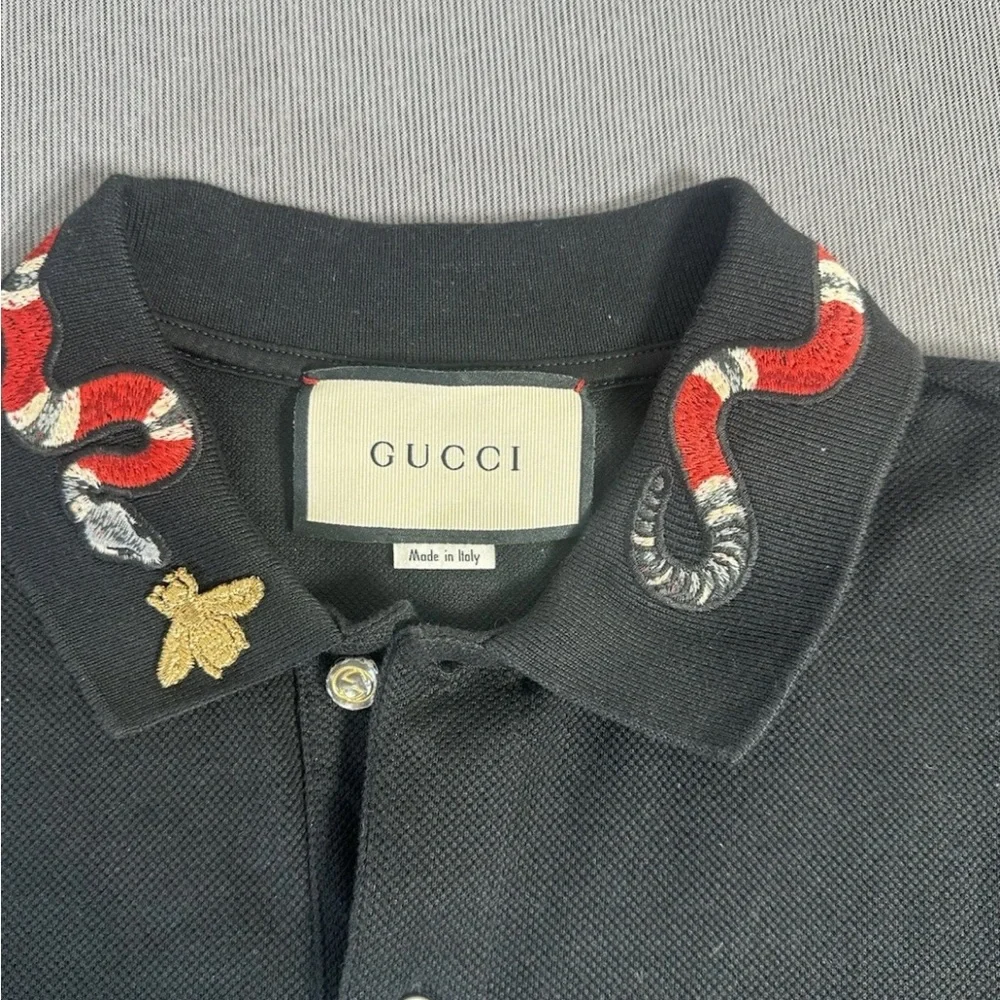 Gucci Kingsnake Golden Bee Black Polo with Embroidered Collar
